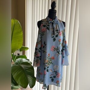 Parker Blue Floral Cold Shoulder Dress with Pink and Green Accents